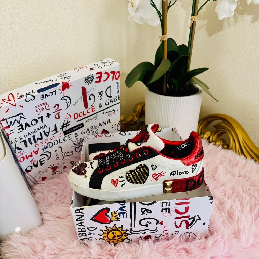 Dolce & Gabbana Red and White Heart Sneakers